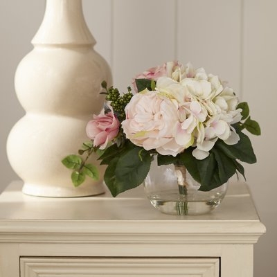 Rose and Hydrangea in Glass Vase - Image 0