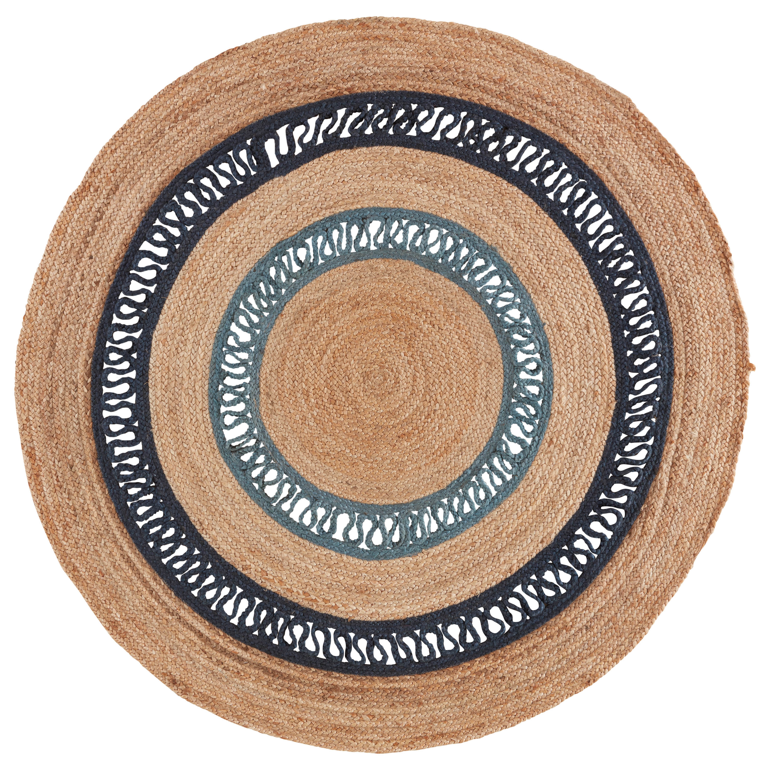 Elly Natural Bordered Beige/ Blue Round Area Rug (6' X 6') - Image 0