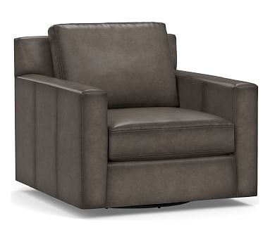 York Square Arm Leather Swivel Armchair, Polyester Wrapped Cushions, Burnished Wolf Gray - Image 0