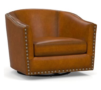 Harlow Leather Swivel Armchair without Nailheads, Polyester Wrapped Cushions, Burnished Bourbon - Image 2