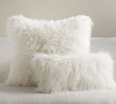 Faux Fur Mongolian Lumbar Pillow Cover, 12 x 24", White - Image 0