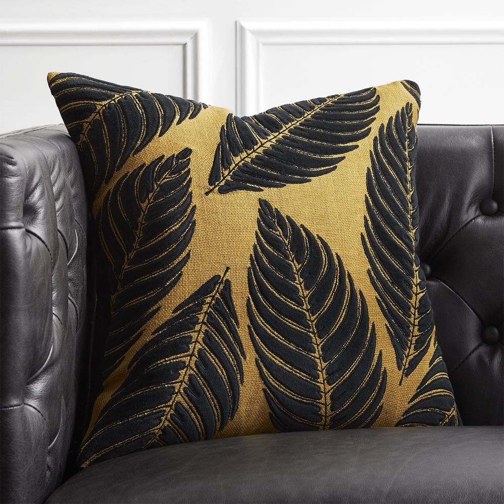 "18"" Frond Mustard Jute and Velvet Pillow with Feather-Down Insert" - Image 0
