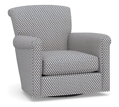 Irving Roll Arm Upholstered Swivel Armchair, Polyester Wrapped Cushions, Kendall Print Navy - Image 2