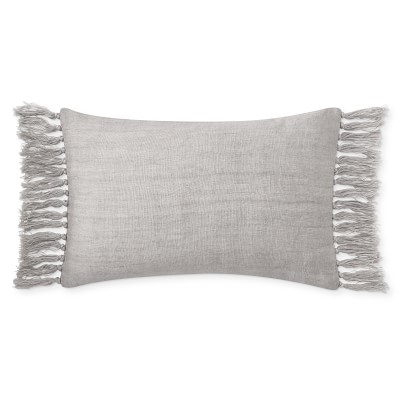 Knotted Fringe Linen Lumbar Pillow Cover, 14" X 22", Grey - Image 0