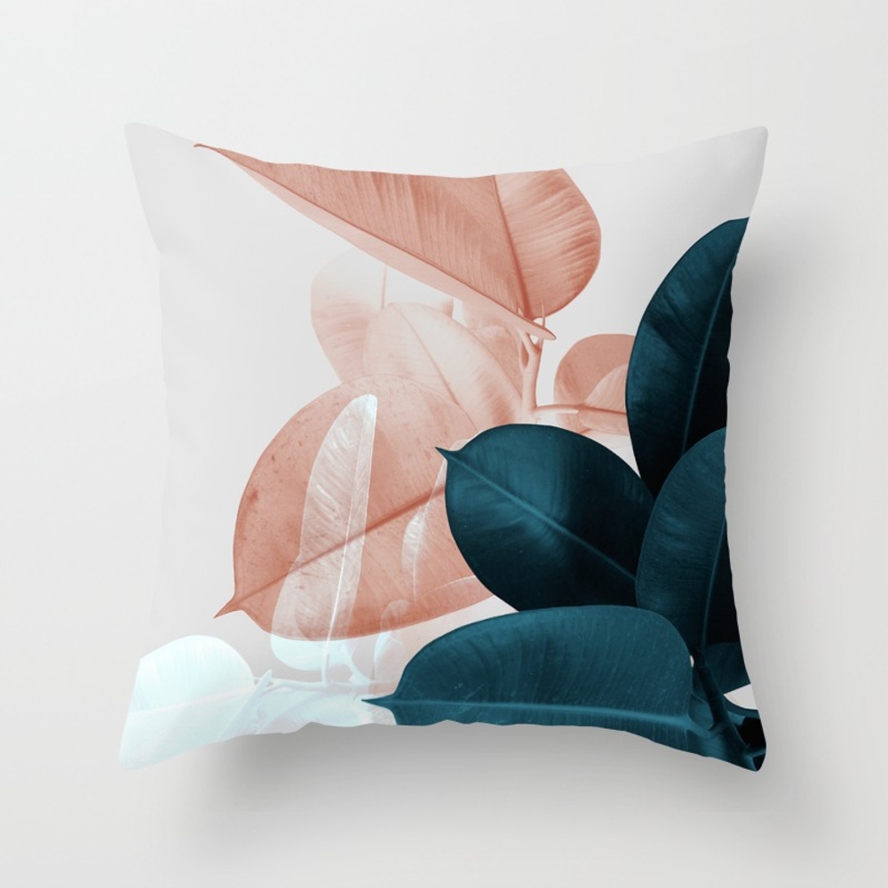 Blush & Blue Leaves Throw Pillow - Indoor Cover (16" x 16") with pillow insert by Printsproject - Image 0