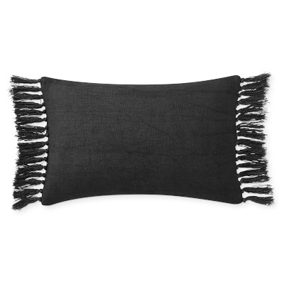 Knotted Fringe Linen Lumbar Pillow Cover, 14" X 22", Black - Image 0