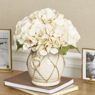 Faux Hydrangea Floral Arrangement in Twine-Wrapped Vase - Image 0