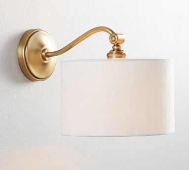 Emery Ivory Linen Shade & Curved Arm Sconce, Brass - Image 2