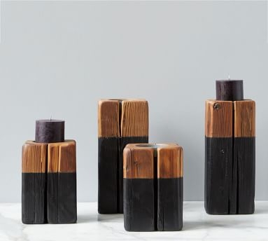 Cordoba Wooden Pillar Candle Holder, Set of 2, Black/Wood - Image 1