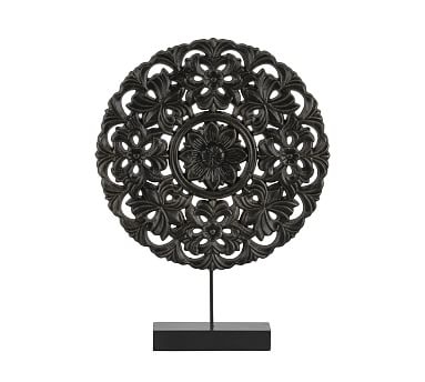 Round Floral Wooden Wheel On Stand, Small, Black - Image 0