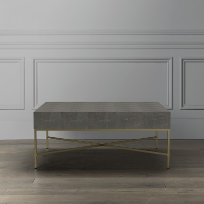 Faux Shagreen Square Coffee Table, 42X42", Light Grey, Brass - Image 1