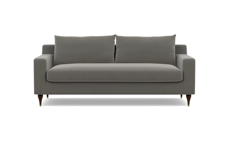 Sloan Sofa with Greige Fabric, Oiled Walnut with Brass Cap legs, and Bench Cushion - Image 0