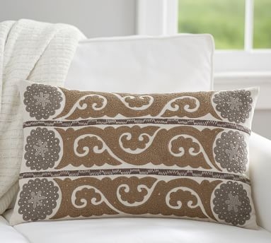 Wilhelmina Embroidered Suzani Lumbar Pillow Cover, 16x26", Neutral - Image 3