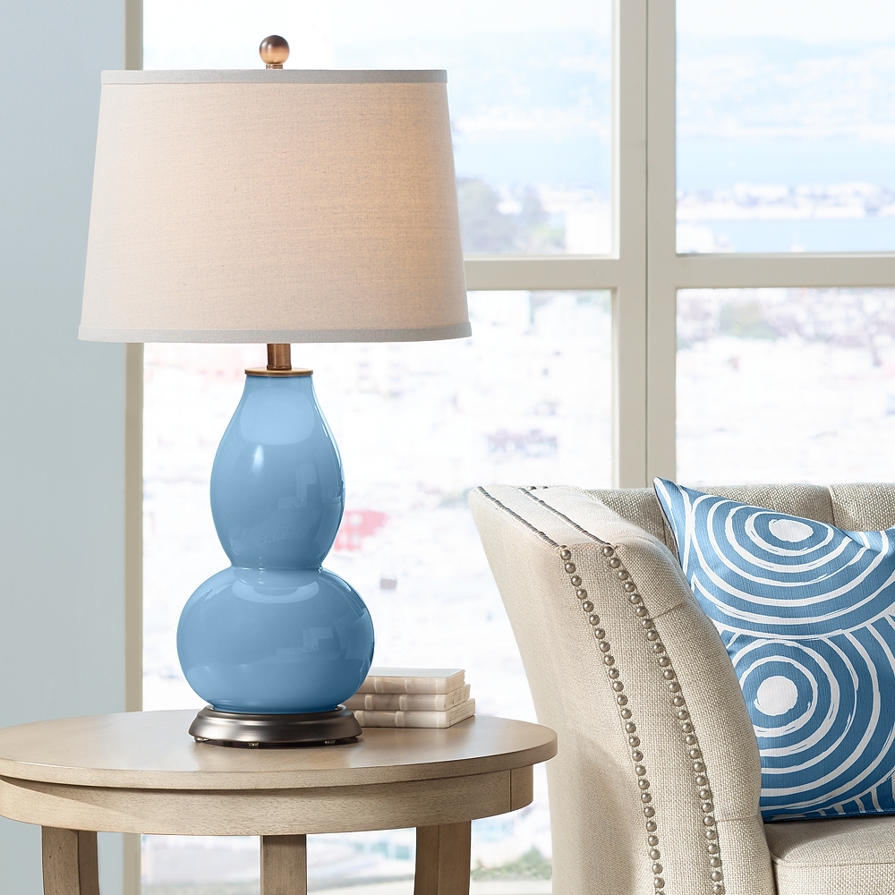 Color Plus Double Gourd 29 1/2" White Shade Secure Blue Table Lamp - Image 0