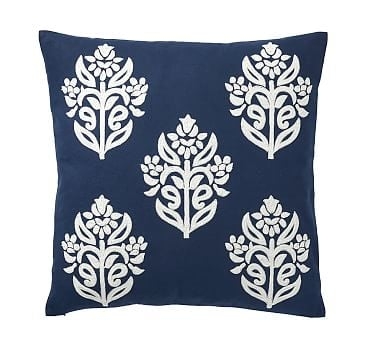 Kyla Embroidered Pillow Cover, 18", Navy/Ivory - Image 0