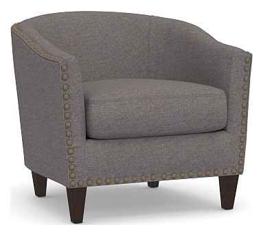 Harlow Upholstered Armchair with Bronze Nailheads, Polyester Wrapped Cushions, Brushed Crossweave Charcoal - Image 2