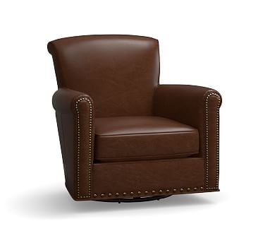 Irving Roll Arm Leather Swivel Armchair with Bronze Nailheads, Polyester Wrapped Cushions, Statesville Toffee - Image 0