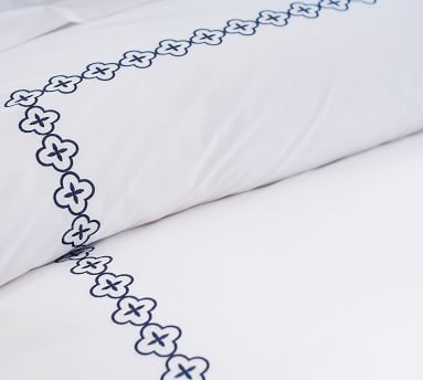 Trellis Embroidered Organic Duvet Cover, Twin, Midnight - Image 4