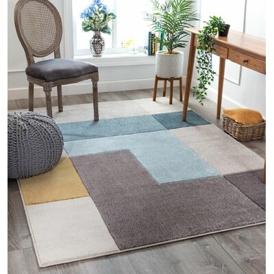 Ruby Constance Mid-Century Modern Geometric Squares Gray/Gold/Mint Blue Area Rug - Image 0