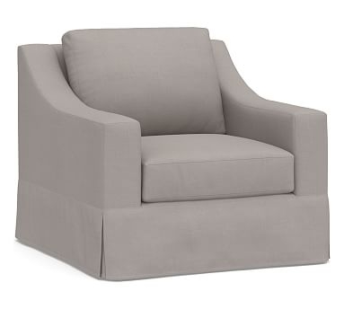 York Slope Arm Slipcovered Swivel Armchair, Down Blend Wrapped Cushions, Belgian Linen Light Gray - Image 0