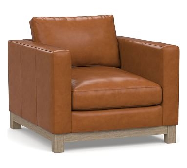 Jake Leather Armchair with Wood Legs, Down Blend Wrapped Cushions, Signature Maple - Image 0