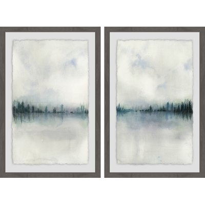 'Cloudy Lake' 2 Piece Framed Watercolor Painting Print Set on Paper - Image 0