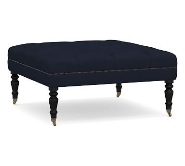Raleigh Upholstered Tufted Square Ottoman with Turned Black Legs &amp; Bronze Nailheads, Performance Twill Cadet Navy - Image 0
