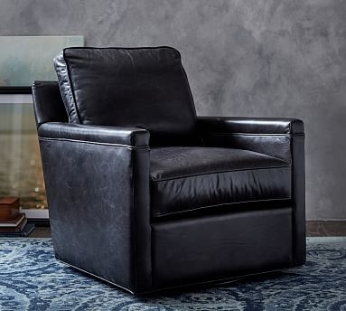 Tyler Square Arm Leather Swivel Armchair without Nailheads, Down Blend Wrapped Cushions, Legacy Taupe - Image 1