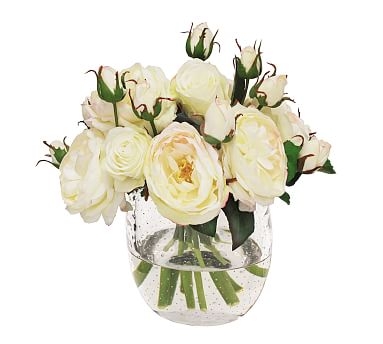 Faux Mix Roses In Glass Vase, White, 12" - Image 0
