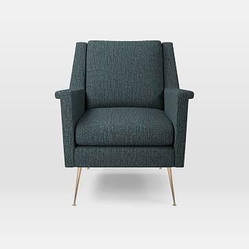 Carlo Mid-Century Chair, Heathered Tweed, Marine, Brass Legs - Image 0