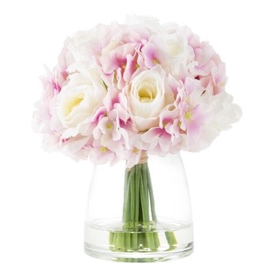 Hydrangea and Rose Floral Arrangement in Glass Vase - Image 0