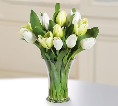Faux Tulip in Glass Vase, White/Green - Image 0