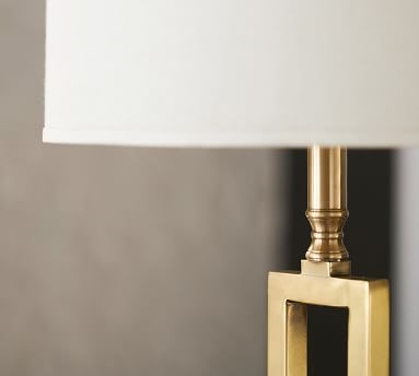 Calvin Rectangular Table Lamp, Brass Base with Medium Straight Sided Linen Drum Shade, Ivory - Image 1