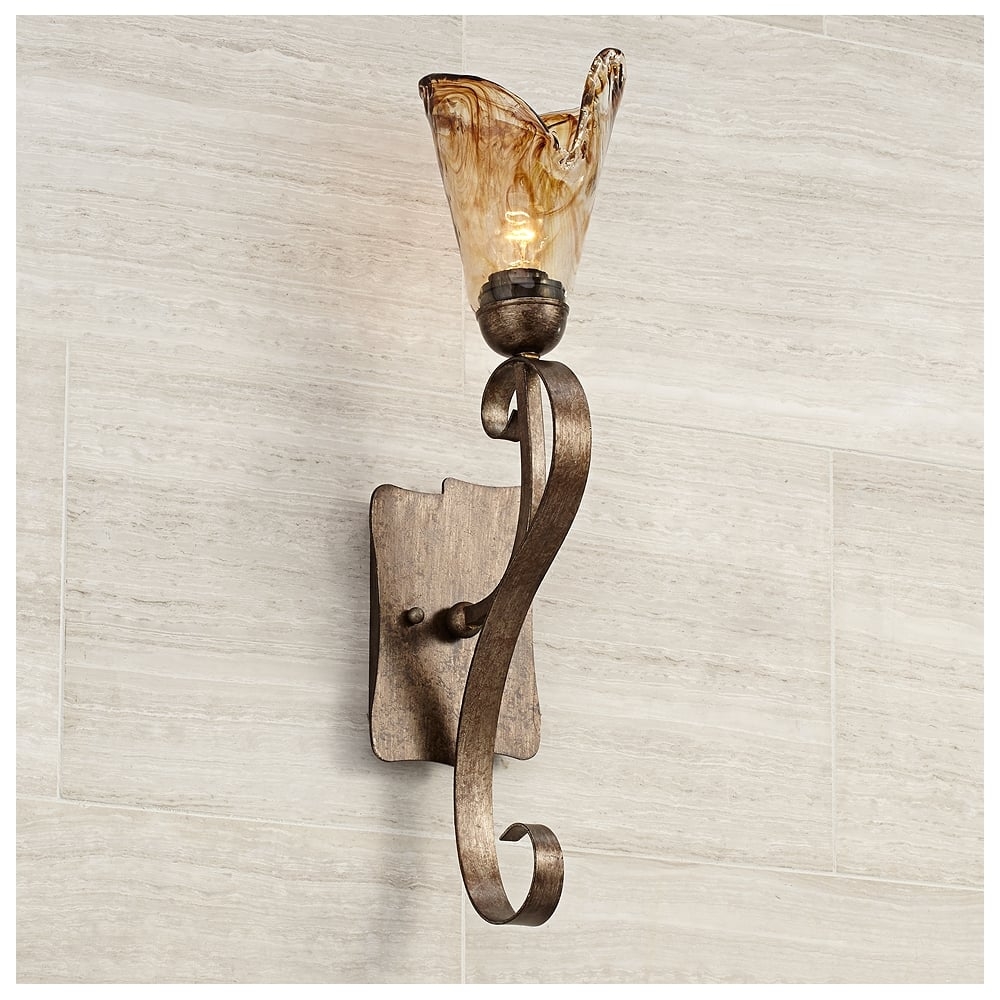 Franklin Iron Amber Scroll 23 1/2" High Glass and Bronze Wall Sconce - Image 0