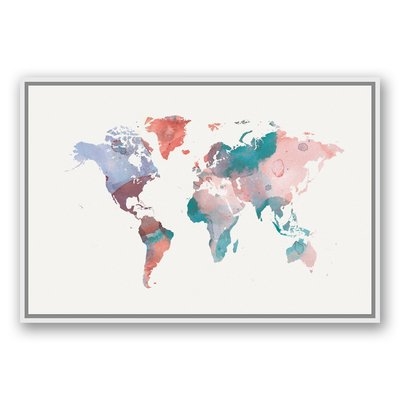 'Pink and Teal World Map' Watercolor Painting Print - Image 0