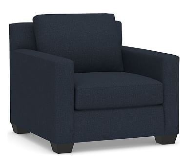 York Square Arm Upholstered Armchair, Down Blend Wrapped Cushions, Performance Brushed Basketweave Indigo - Image 0