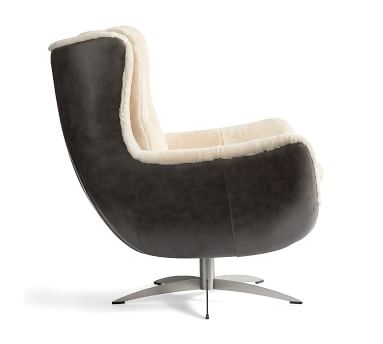 Wells Leather Swivel Armchair with Shearling, Polyester Wrapped Cushions, Burnished Walnut - Image 3