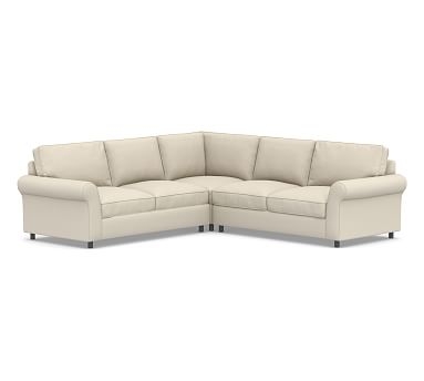 PB Comfort Roll Arm Upholstered 3-Piece L-Shaped Corner Sectional, Box Edge Down Blend Wrapped Cushions, Performance Brushed Basketweave Ivory - Image 0