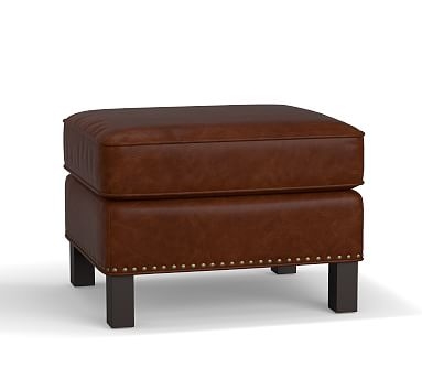 Tyler Leather Ottoman with Nailheads, Polyester Wrapped Cushions, Leather Statesville Molasses - Image 2