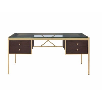 Clear Glass Top Desk With 4 Wooden Drawers In Gold Finish - Image 0
