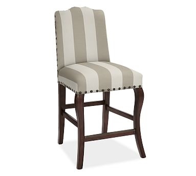 Calais Upholstered Counter Height Bar Stool, Espresso Frame, Premium Performance Awning Stripe Oatmeal/Ivory - Image 0