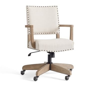 Manchester Upholstered Swivel Desk Chair with Seadrift Base and Antique Brown Nailheads, Basketweave Slub Ivory - Image 0