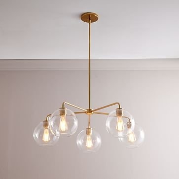 Sculptural Glass 5-Light Round Globe Chandelier, Small, Globe Clear Shade, Brass Canopy - Image 1
