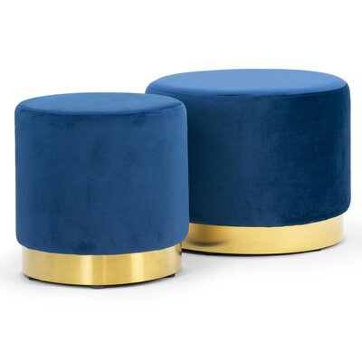 Turley Blue Velvet Round Footstool Ottoman With Golden Accent Base Medium-Large Set - Image 0