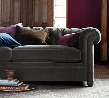 Chesterfield Roll Arm Upholstered Sofa 88", Polyester Wrapped Cushions, Textured Twill Light Gray - Image 3
