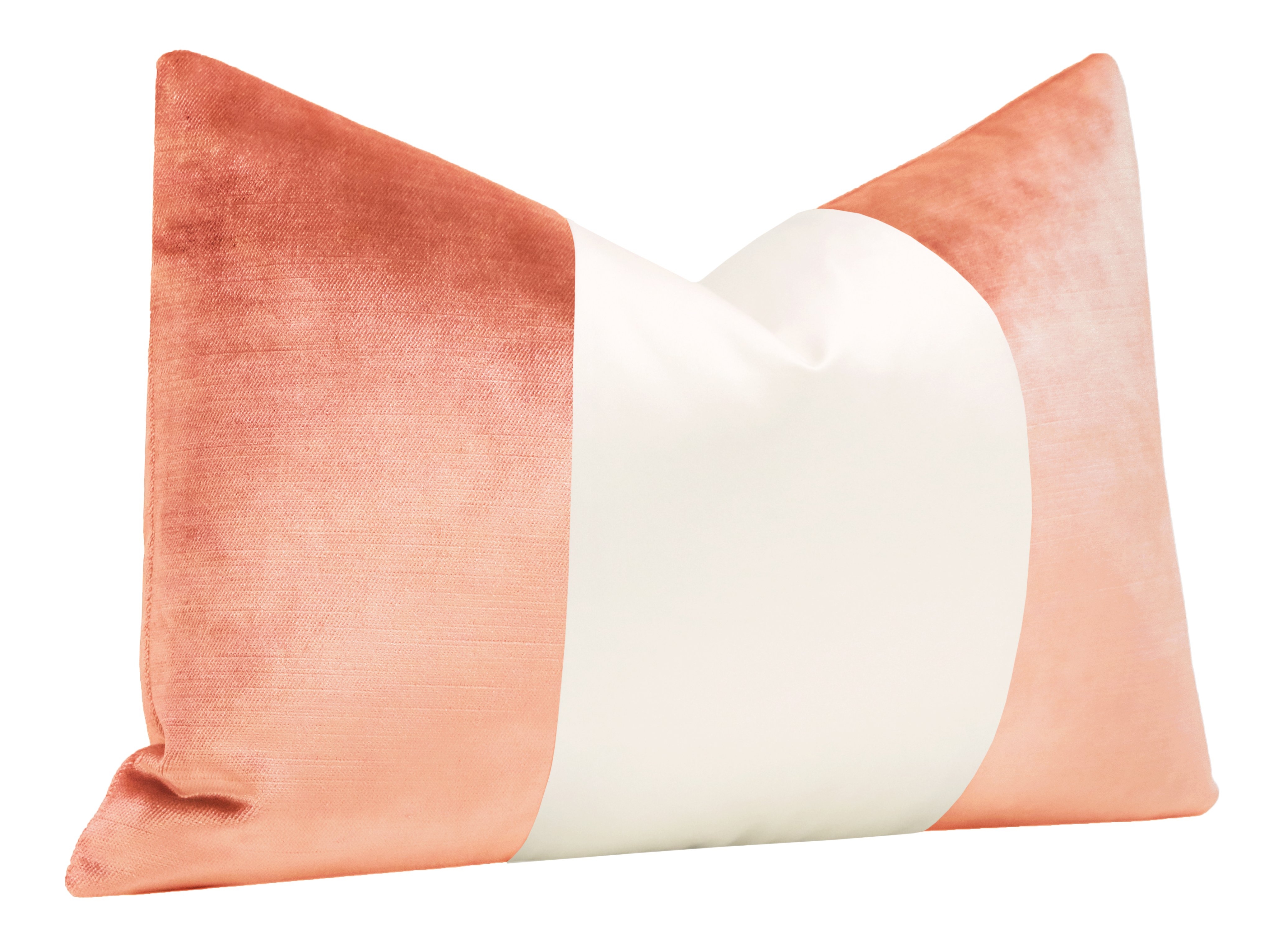 The Little Lumbar Colorblock Faux Silk Velvet Pillow Cover, Coral, 12" x 18" - Image 1