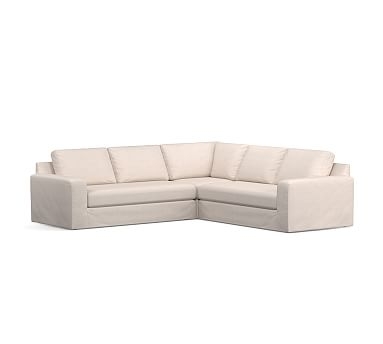 Big Sur Square Arm Slipcovered 3-Piece L-Shaped Corner Sectional with Bench Cushion, Down Blend Wrapped Cushions, Sunbrella(R) Performance Chenille Fog - Image 0