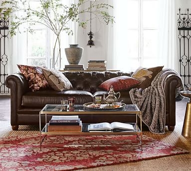 Chesterfield Roll Arm Leather Sofa 86", Polyester Wrapped Cushions, Leather Legacy Dark Caramel - Image 3