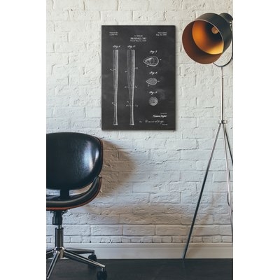 'Baseball Bat Blueprint Patent Parchment' Print on Wrapped Canvas in Black - Image 0