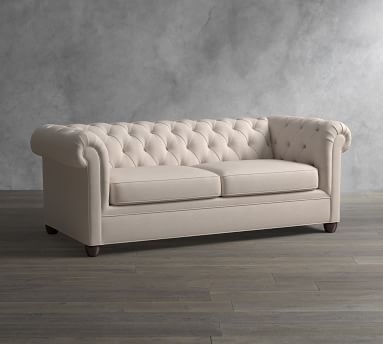 Chesterfield Roll Arm Upholstered Sofa 88", Polyester Wrapped Cushions, Textured Twill Light Gray - Image 1